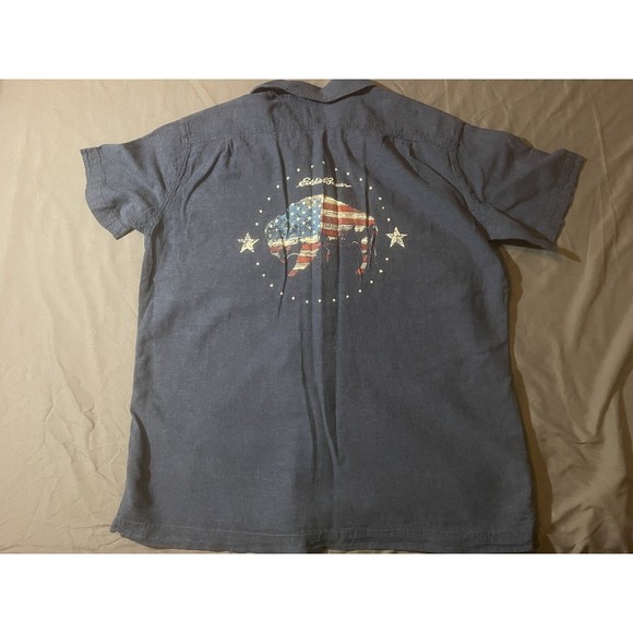 Eddie Bauer Blue Linen Cotton Buffalo USA FLAG Stars Patriot Sz Large     AG151 - Picture 2 of 9